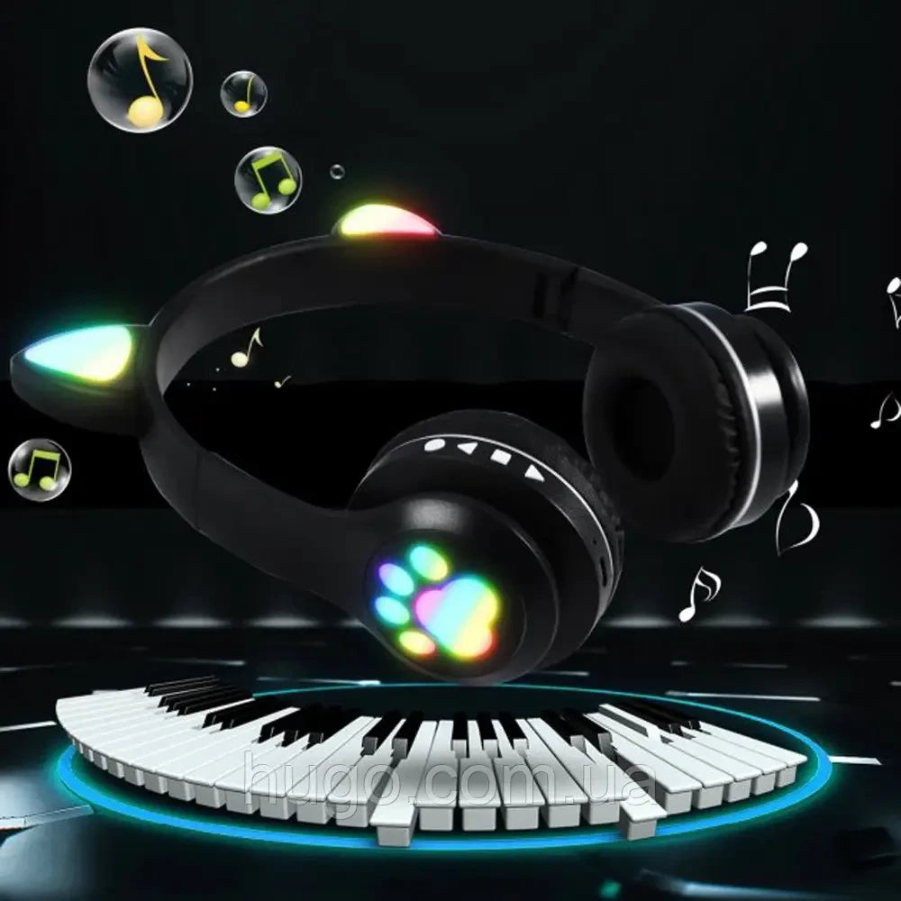 Бездротові навушники Котячі вушка VZV-23M, Чорні / Дитячі навушники з підсвічуванням та мікрофоном