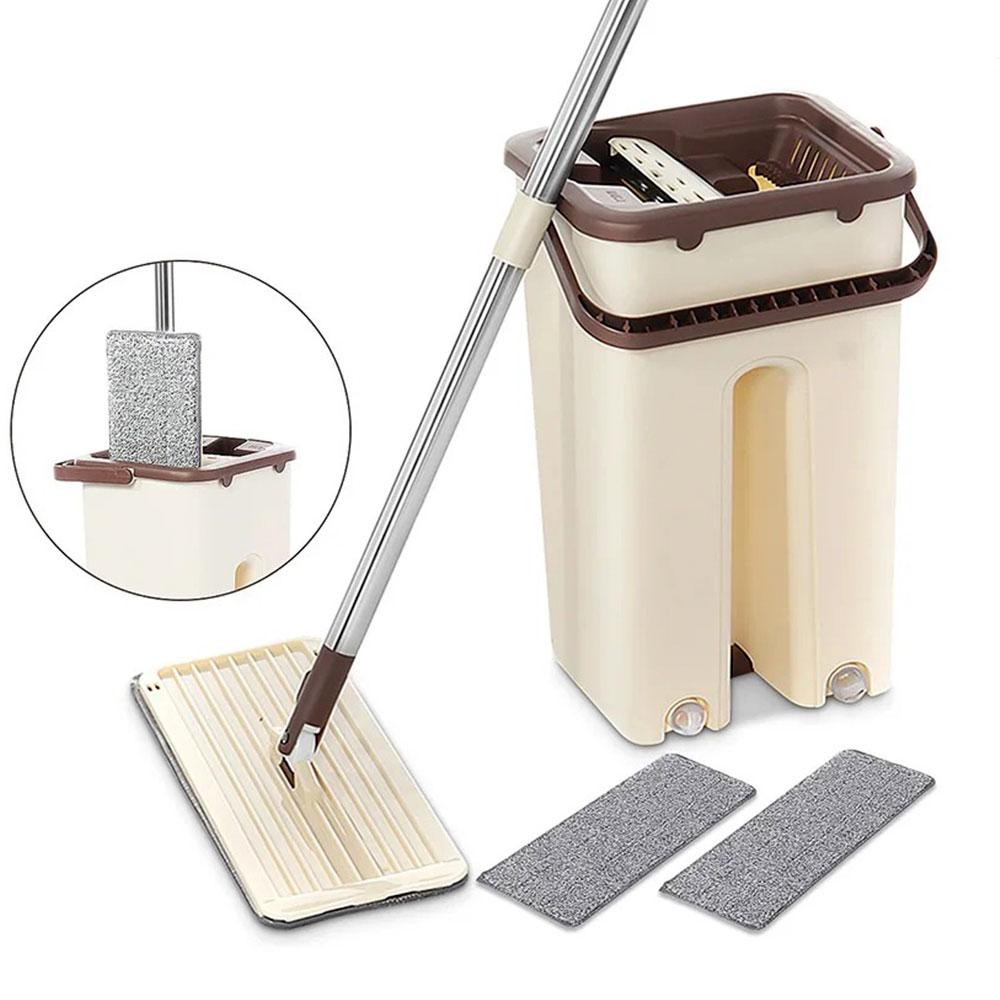 Швабра з відром 11л з автоматичним віджимом + 2 насадки, Cleaning Mop, Коричнева / Швабра ледарка для прибирання будинку