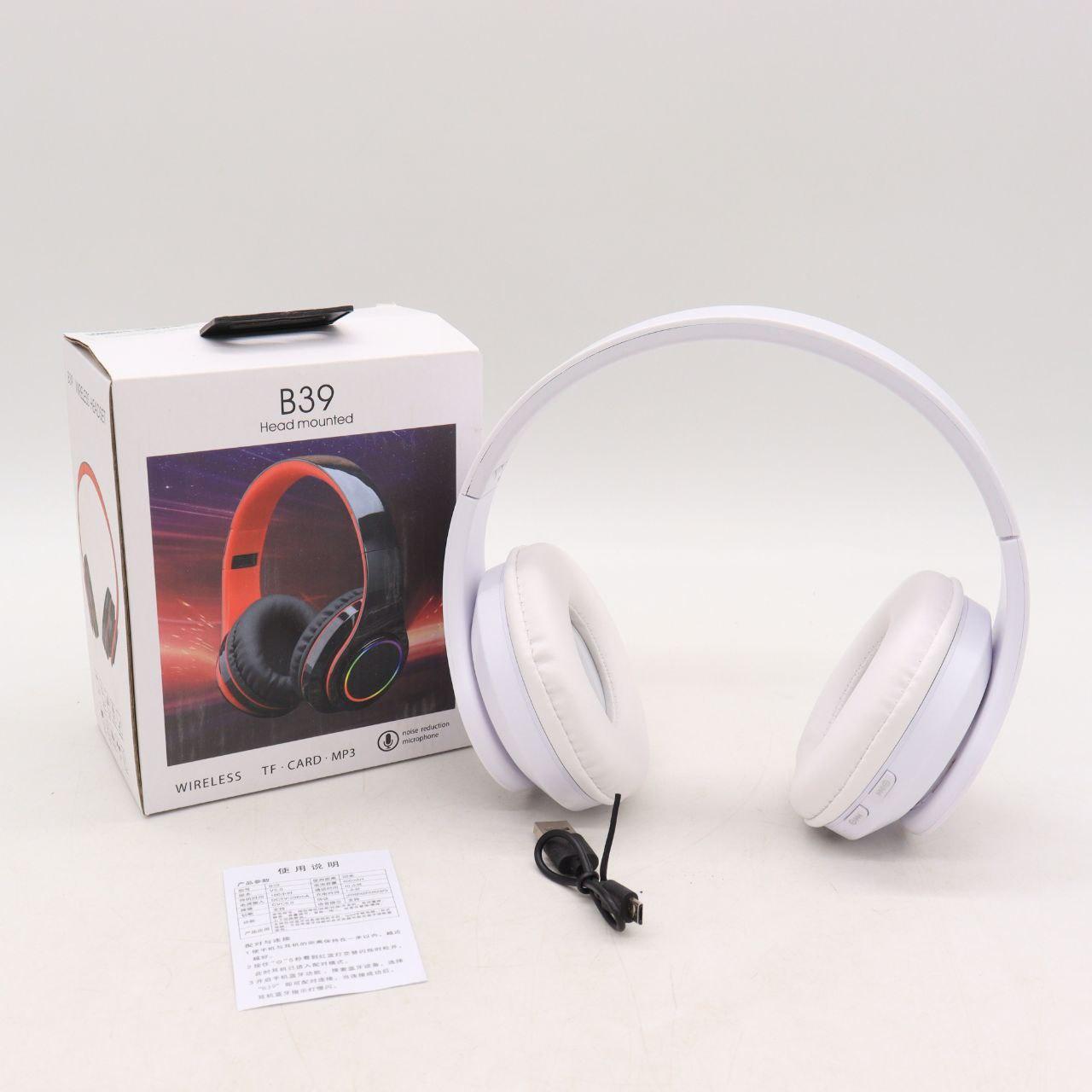 Бездротові навушники B39, з мікрофоном, Білі / Bluetooth навушники з LED підсвічуванням, SD, AUX