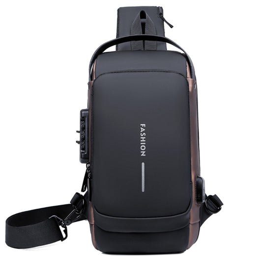 Сумка-рюкзак через плече (31х17см) 6995, з кодовим замком, Чорна із золотистим / Водонепроникна чоловіча сумка