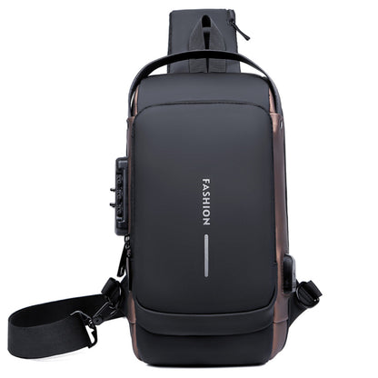 Сумка-рюкзак через плече (31х17см) 6995, з кодовим замком, Чорна із золотистим / Водонепроникна чоловіча сумка