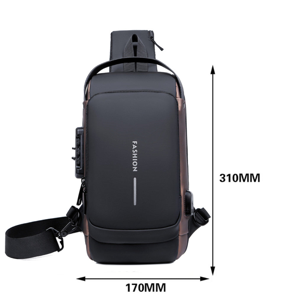 Сумка-рюкзак через плече (31х17см) 6995, з кодовим замком, Чорна із золотистим / Водонепроникна чоловіча сумка