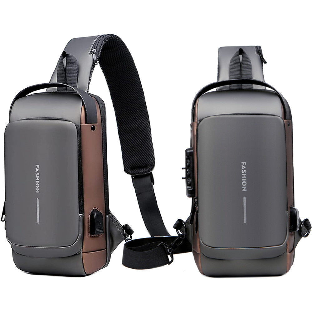 Сумка-рюкзак через плече (31х17см) 6995, з кодовим замком, Сіра із золотистим / Водонепроникна чоловіча сумка