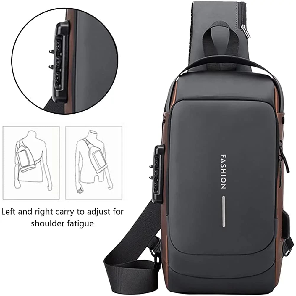 Сумка-рюкзак через плече (31х17см) 6995, з кодовим замком, Сіра із золотистим / Водонепроникна чоловіча сумка