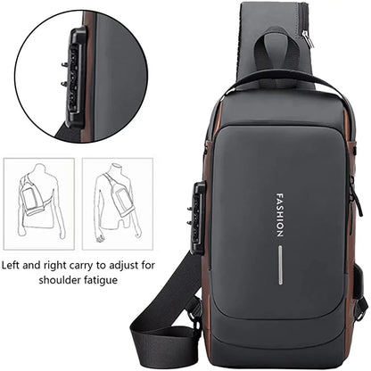 Сумка-рюкзак через плече (31х17см) 6995, з кодовим замком, Сіра із золотистим / Водонепроникна чоловіча сумка