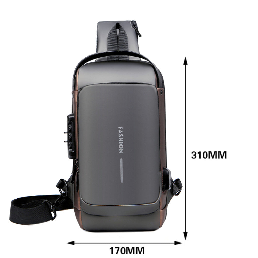 Сумка-рюкзак через плече (31х17см) 6995, з кодовим замком, Сіра із золотистим / Водонепроникна чоловіча сумка