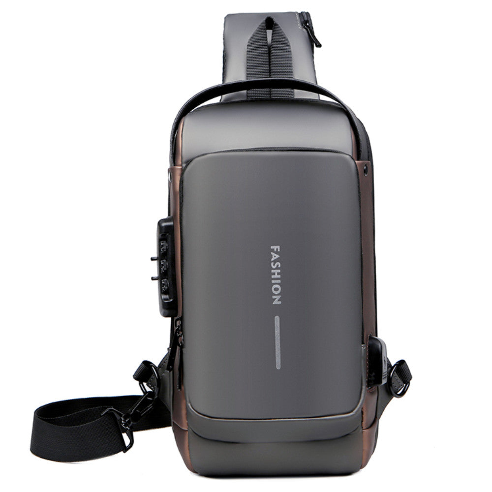 Сумка-рюкзак через плече (31х17см) 6995, з кодовим замком, Сіра із золотистим / Водонепроникна чоловіча сумка