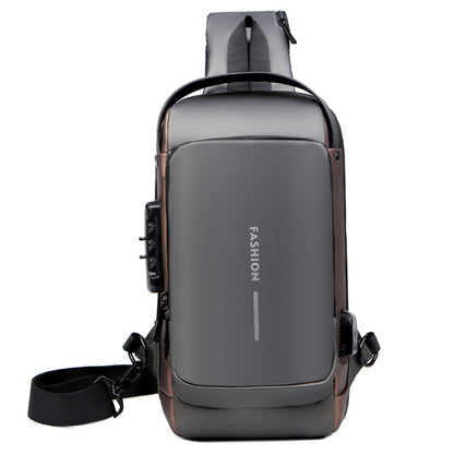 Сумка-рюкзак через плече (31х17см) 6995, з кодовим замком, Сіра із золотистим / Водонепроникна чоловіча сумка