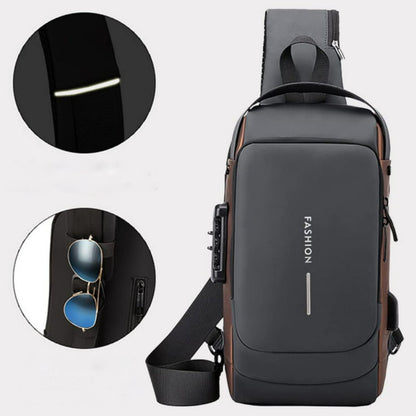 Сумка-рюкзак через плече (31х17см) 6995, з кодовим замком, Сіра із золотистим / Водонепроникна чоловіча сумка