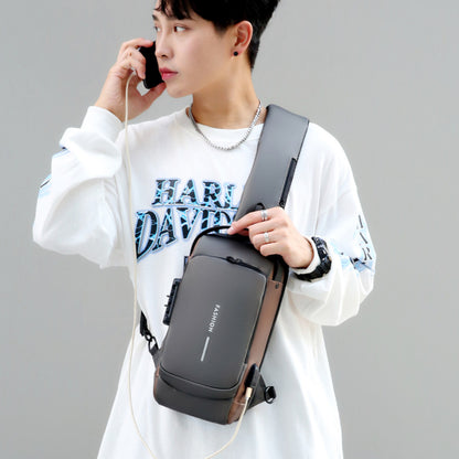 Сумка-рюкзак через плече (31х17см) 6995, з кодовим замком, Сіра із золотистим / Водонепроникна чоловіча сумка