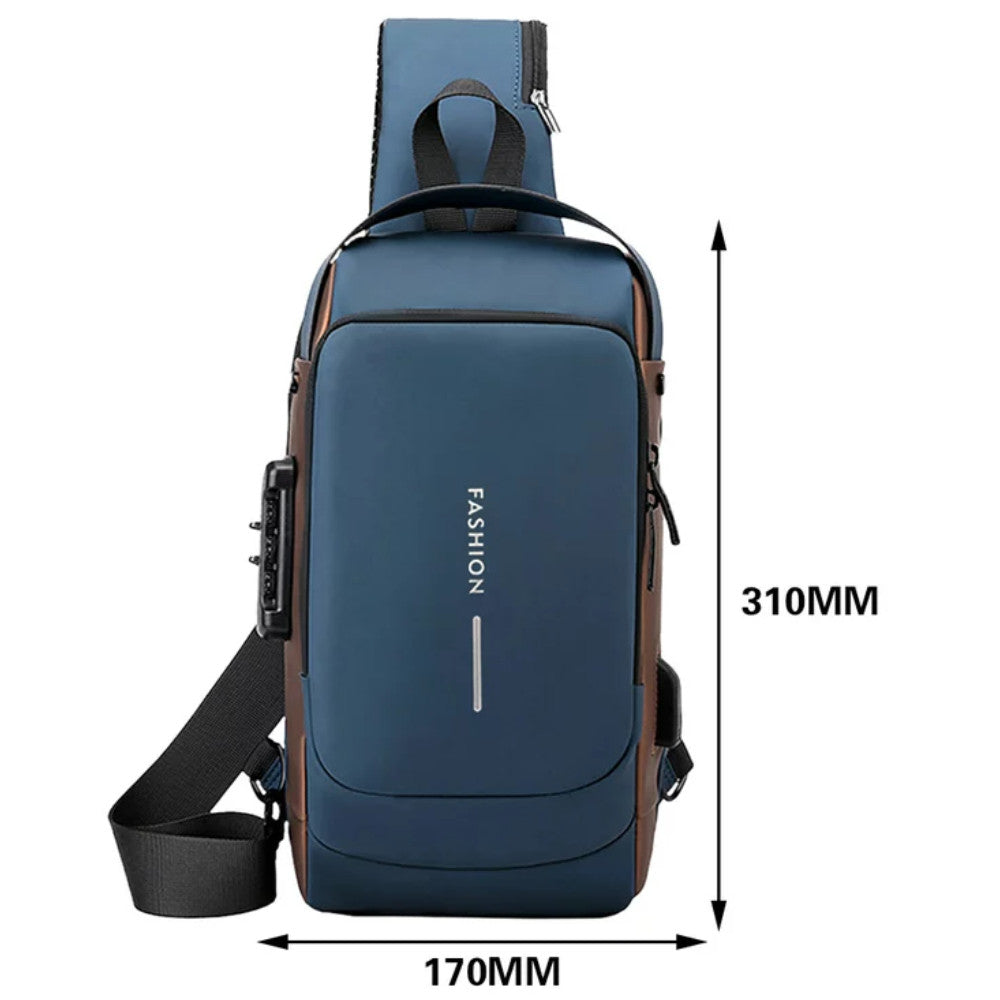 Сумка-рюкзак через плече (31х17см) 6995, з кодовим замком, Синя / Водонепроникна чоловіча сумка