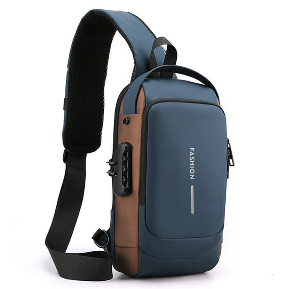 Сумка-рюкзак через плече (31х17см) 6995, з кодовим замком, Синя / Водонепроникна чоловіча сумка