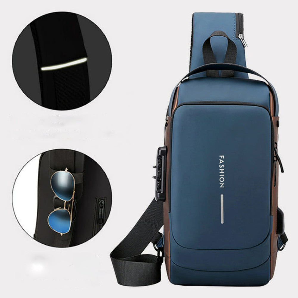 Сумка-рюкзак через плече (31х17см) 6995, з кодовим замком, Синя / Водонепроникна чоловіча сумка