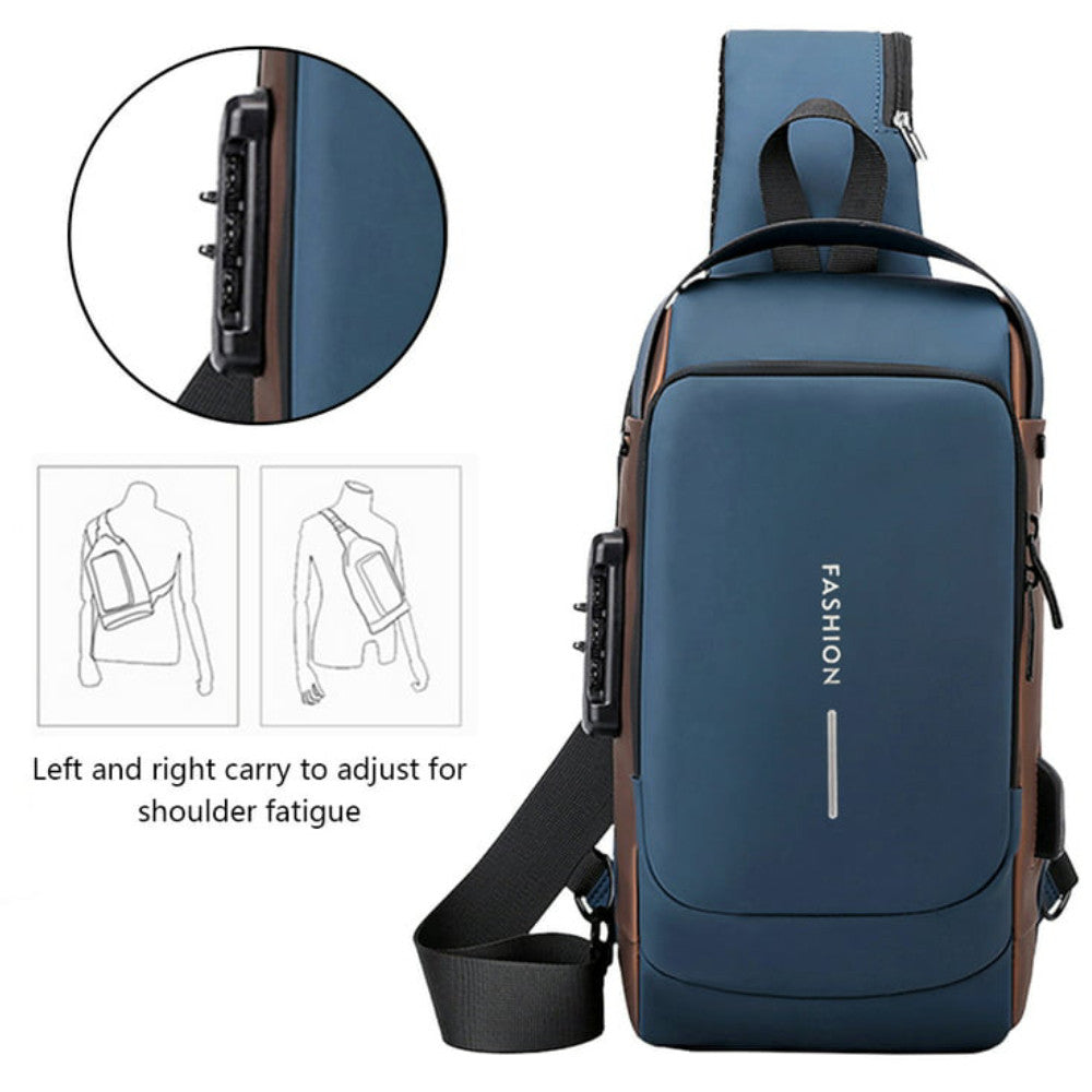 Сумка-рюкзак через плече (31х17см) 6995, з кодовим замком, Синя / Водонепроникна чоловіча сумка