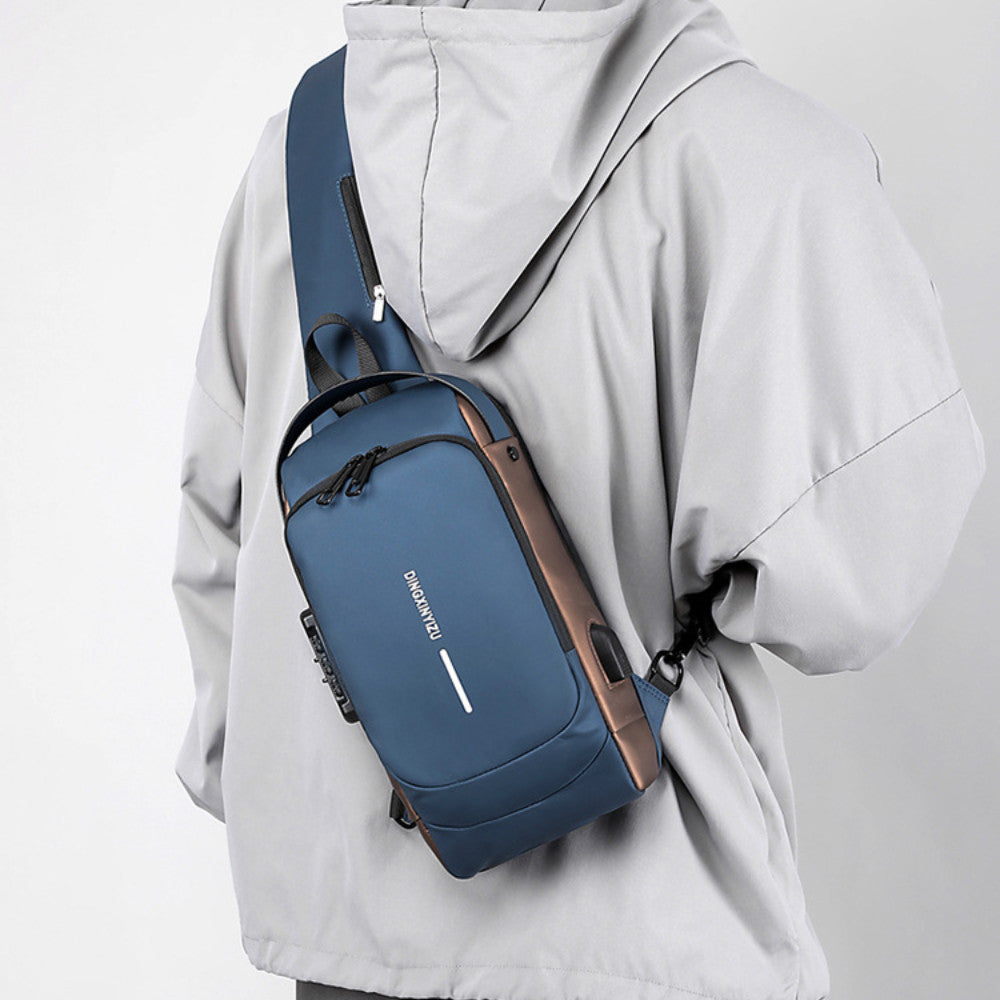 Сумка-рюкзак через плече (31х17см) 6995, з кодовим замком, Синя / Водонепроникна чоловіча сумка