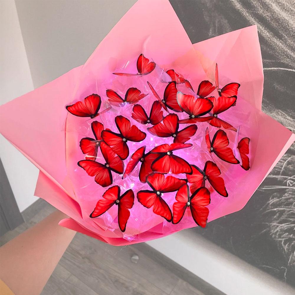 Букет з метеликів з підсвічуванням, від батарейок, Червоний / Букет з метеликами / Подарунок дівчині