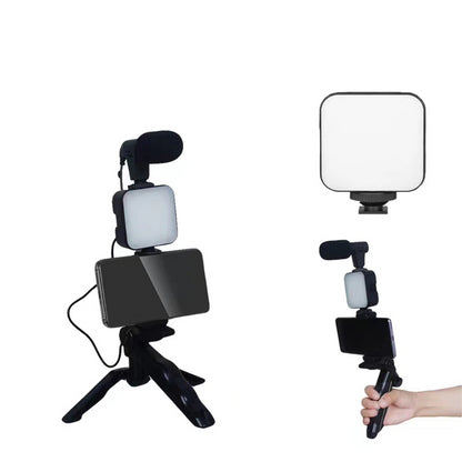 Набір блогера 4в1 штатив для телефону з мікрофоном та спалахом / Трипод для селфі та відео / Тренога для телефону