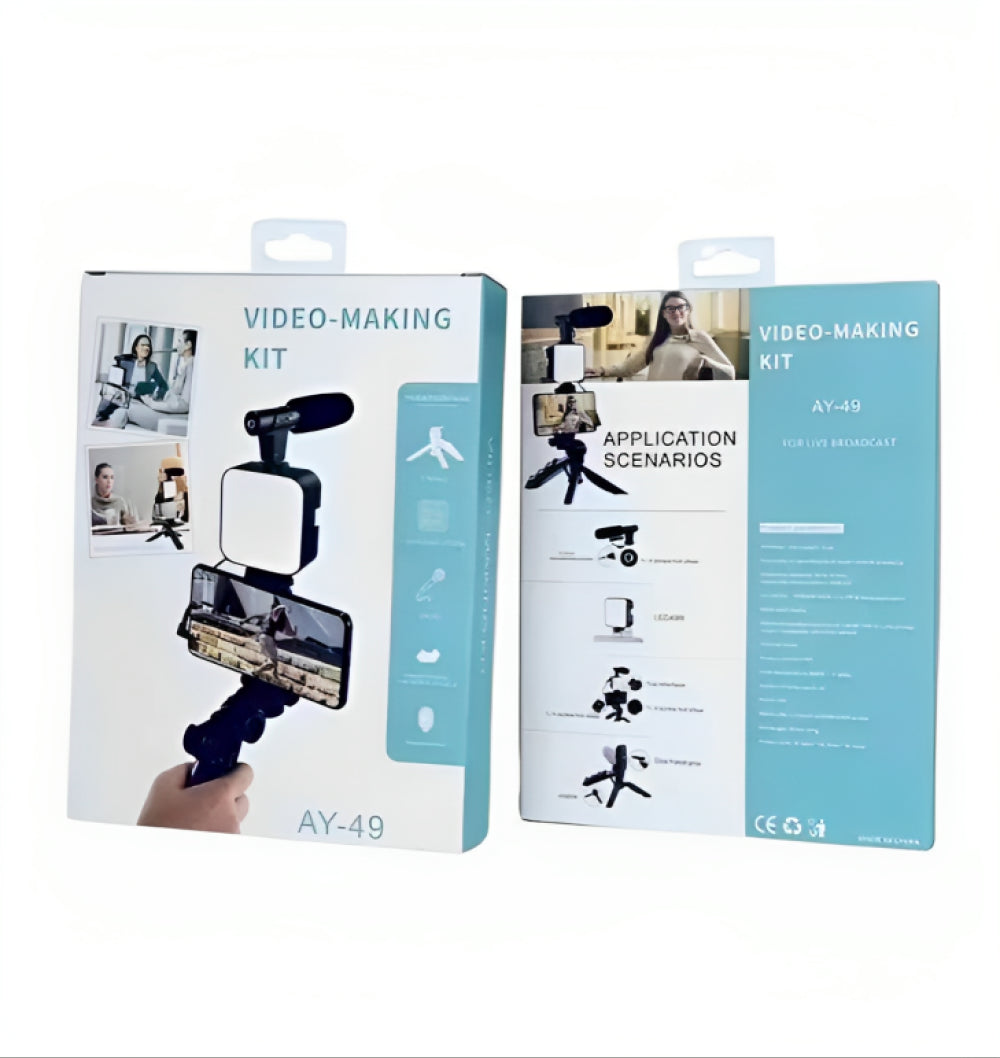 Набір блогера 4в1 штатив для телефону з мікрофоном та спалахом / Трипод для селфі та відео / Тренога для телефону