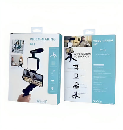 Набір блогера 4в1 штатив для телефону з мікрофоном та спалахом / Трипод для селфі та відео / Тренога для телефону