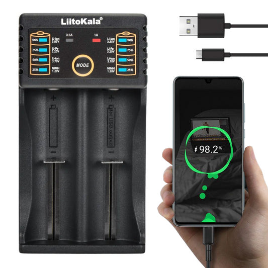 Зарядний пристрій для 2 акумуляторів, LiitoKala Lii-202, з USB / Зарядка для батарей з функцією повербанка
