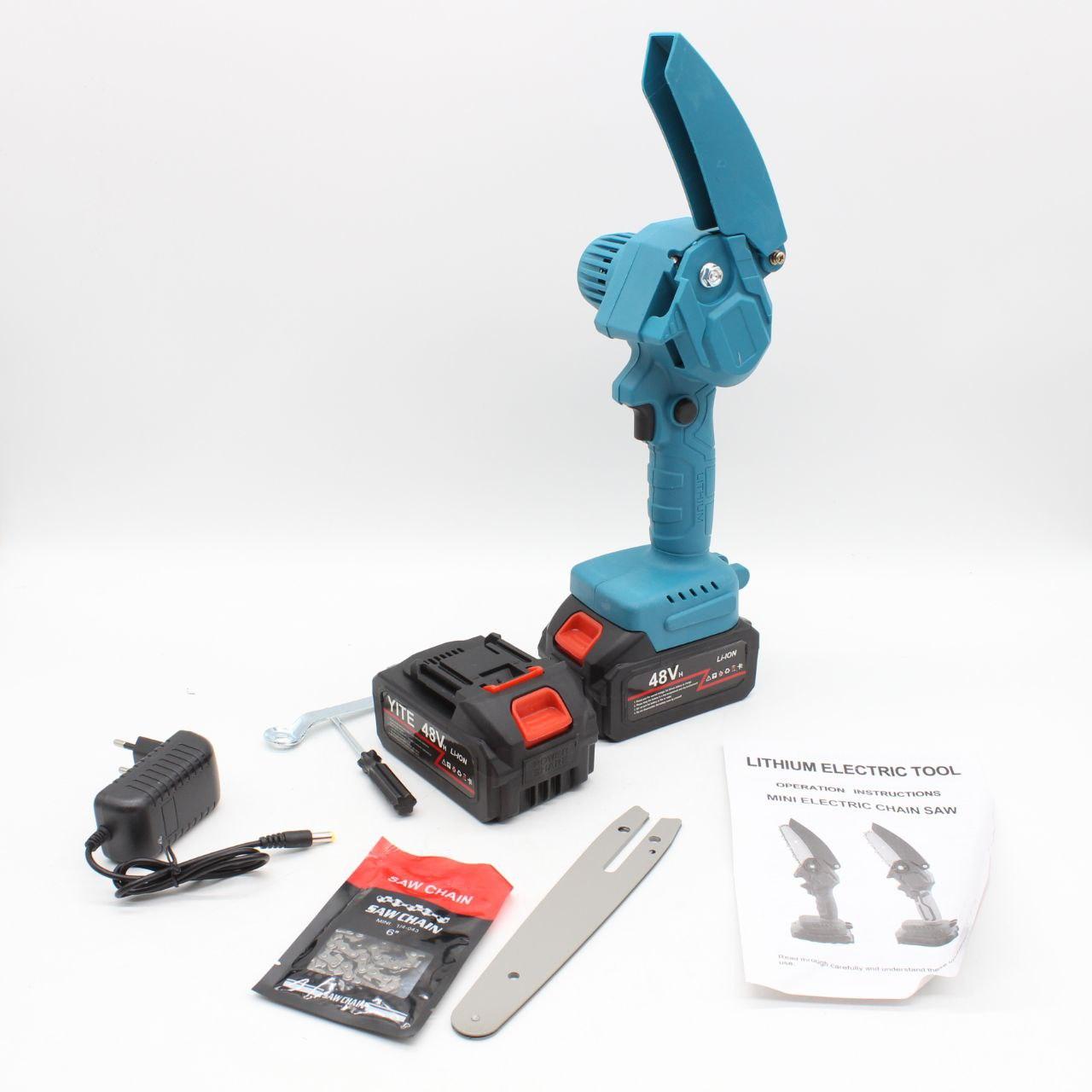 Акумуляторна міні пила 6" + 2 акумулятори 48В, в кейсі / Пила ланцюгова для саду / Електропила на акумуляторі