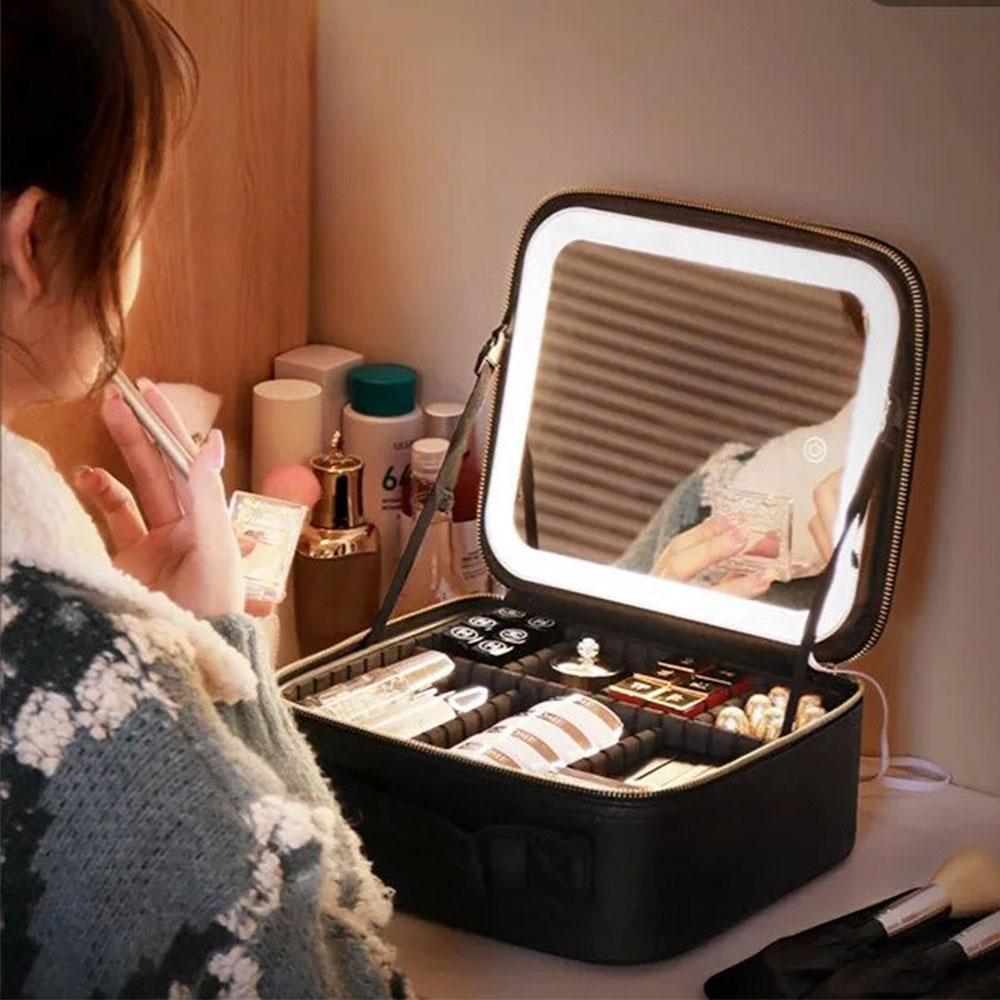 Дорожня косметичка з LED дзеркалом (26х23х11см), Чорна / Органайзер валіза для косметики