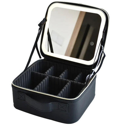 Дорожня косметичка з LED дзеркалом (26х23х11см), Чорна / Органайзер валіза для косметики