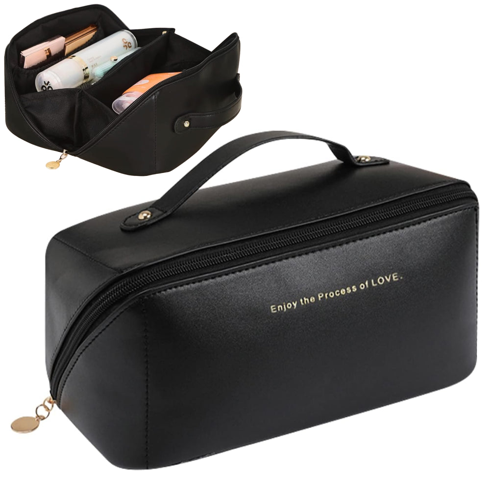 Косметичка з повним доступом з екошкіри (23,5х13х13 см), Чорна / Дорожня жіноча сумка-косметичка