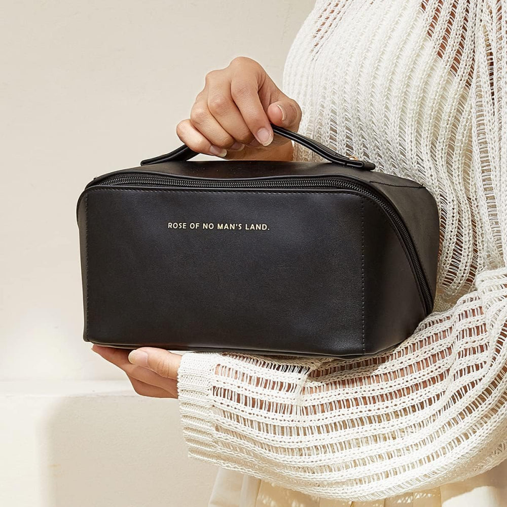 Косметичка з повним доступом з екошкіри (23,5х13х13 см), Чорна / Дорожня жіноча сумка-косметичка