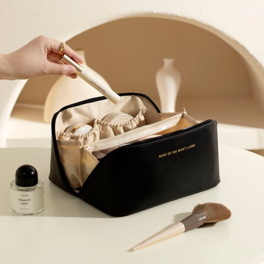 Косметичка з повним доступом з екошкіри (23,5х13х13 см), Чорна / Дорожня жіноча сумка-косметичка