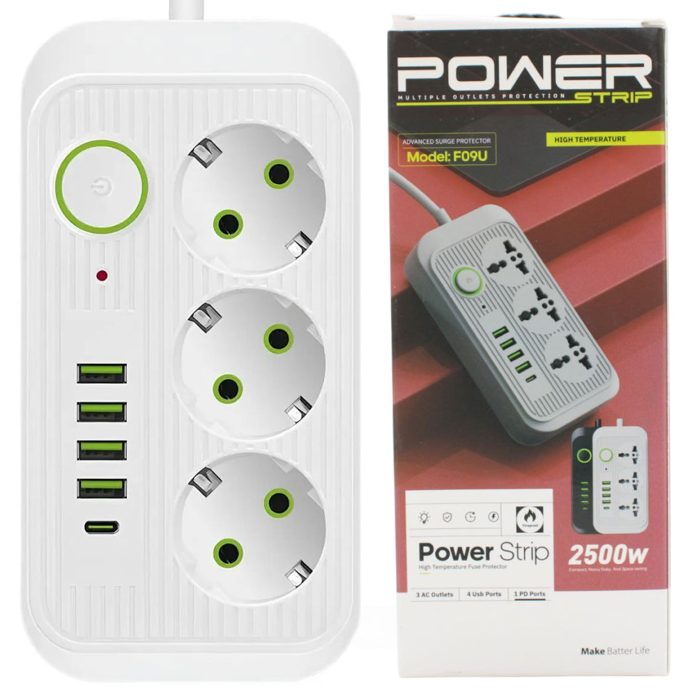 Мережевий фільтр-подовжувач 2м (3х220В+4хUSB+1хType-C), F09U, Білий / Електрична переноска з вимикачем