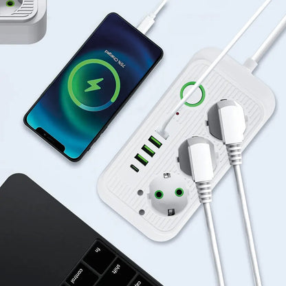 Мережевий фільтр-подовжувач 2м (3х220В+4хUSB+1хType-C), F09U, Білий / Електрична переноска з вимикачем