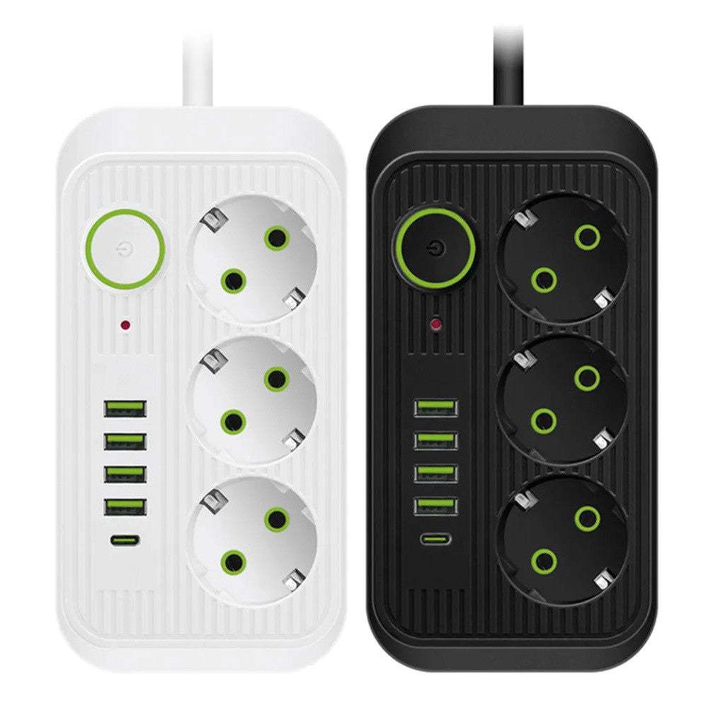 Мережевий фільтр-подовжувач 2м (3х220В+4хUSB+1хType-C), F09U, Білий / Електрична переноска з вимикачем