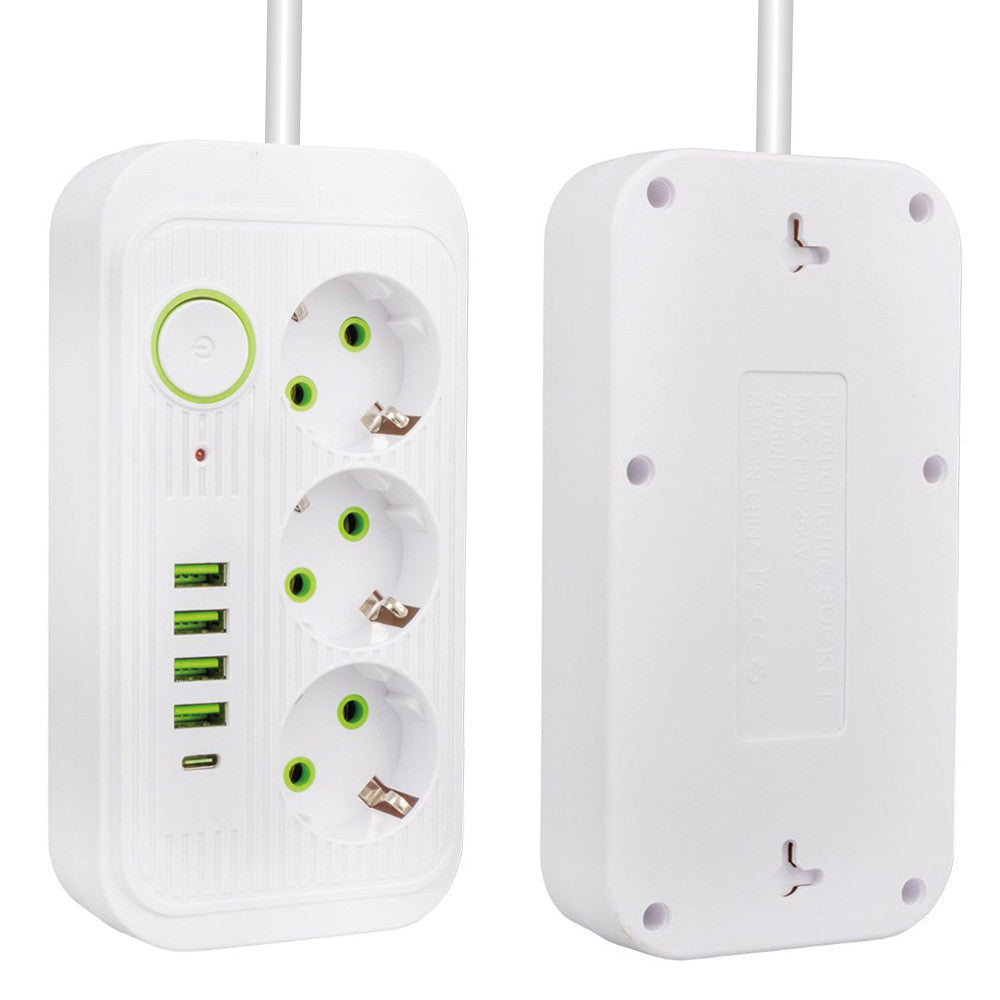 Мережевий фільтр-подовжувач 2м (3х220В+4хUSB+1хType-C), F09U, Білий / Електрична переноска з вимикачем