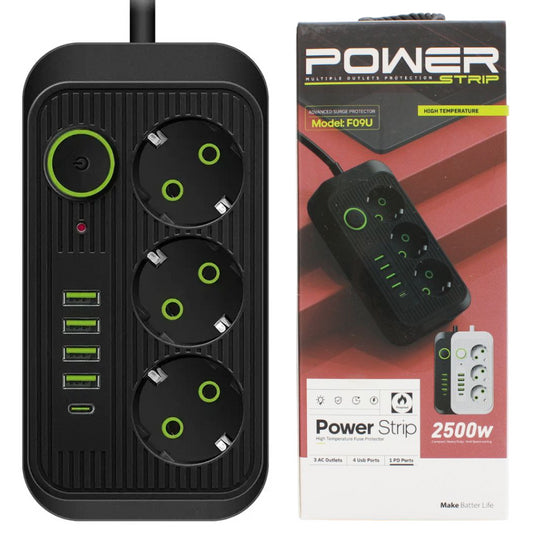 Мережевий фільтр-подовжувач 2м (3х220В+4хUSB+1хType-C), F09U, Чорний / Електрична переноска з вимикачем