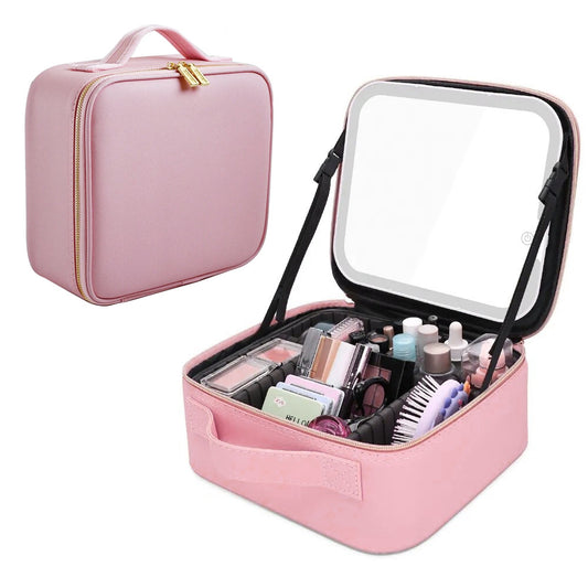 Дорожня косметичка з LED дзеркалом (26х23х11см), Рожева / Органайзер валіза для косметики