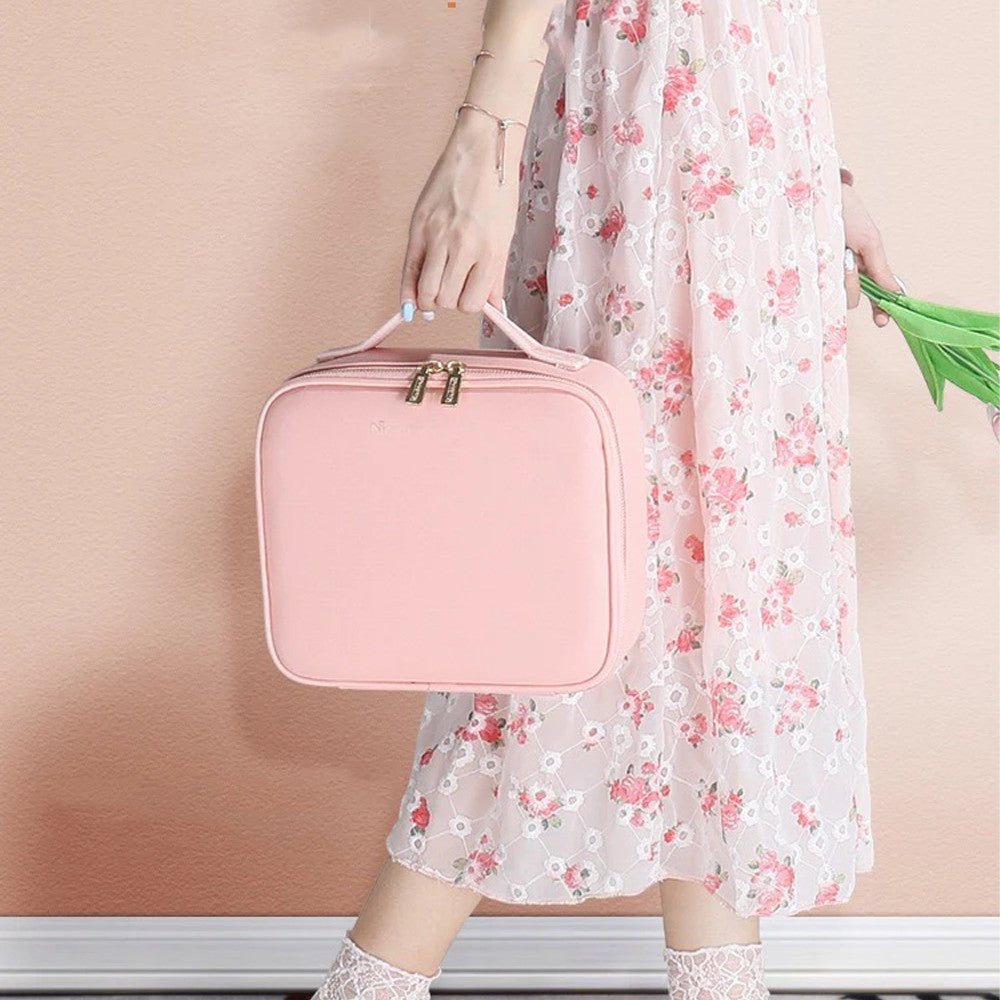 Дорожня косметичка з LED дзеркалом (26х23х11см), Рожева / Органайзер валіза для косметики