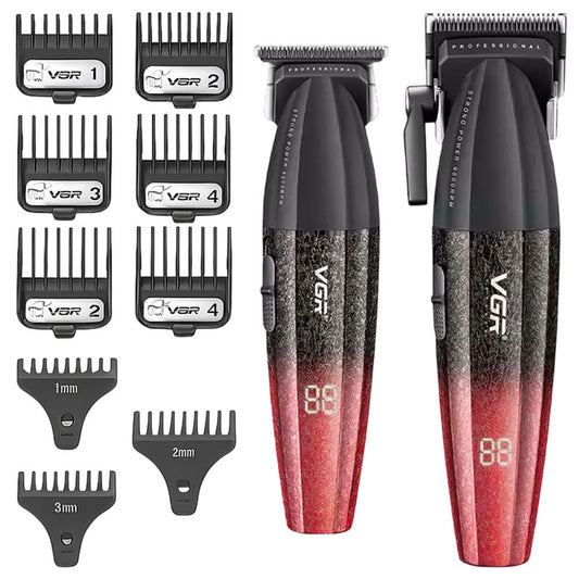 Набір для стрижки 2в1 (9 насадок) від USB, VGR V-640, Червоний / Акумуляторна машинка для стрижки / Тример для стрижки