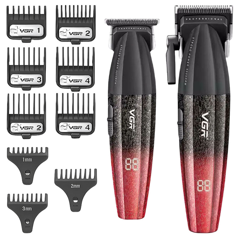 Набір для стрижки 2в1 (9 насадок) від USB, VGR V-640, Червоний / Акумуляторна машинка для стрижки / Тример для стрижки