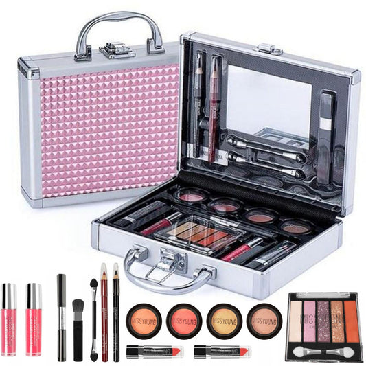 Професійний набір для макіяжу в кейсі, 22 предмети, рожевий / Косметичний набір для створення макіяжу