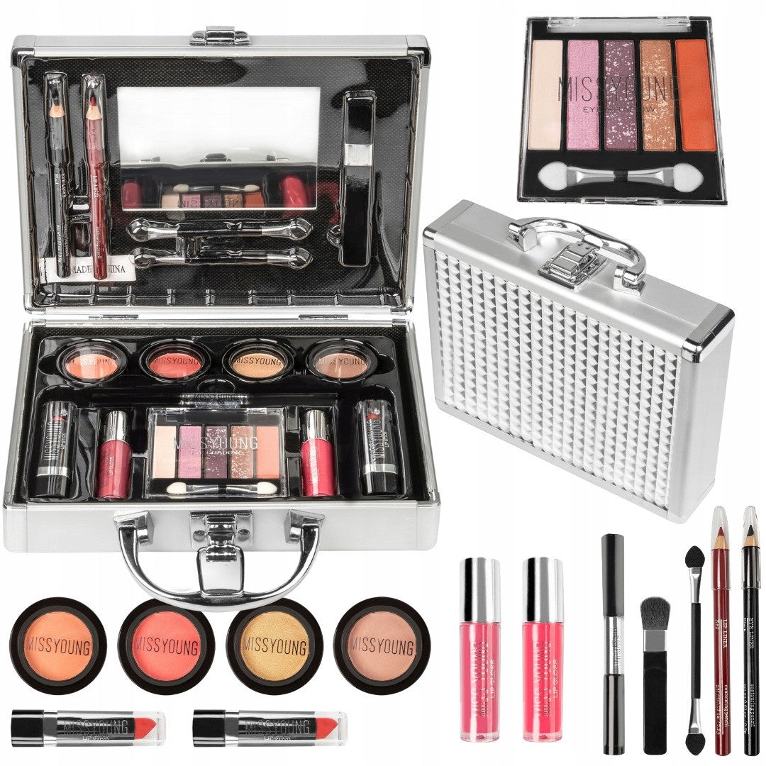 Косметичний набір у кейсі "Срібне сяйво" 22 предмети / Косметичний набір для створення макіяжу