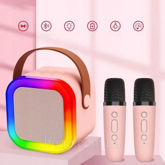 Портативна колонка-караоке з 2 мікрофонами К12, Рожевий / Бездротовий мікрофон з колонкою з підсвічуванням RGB