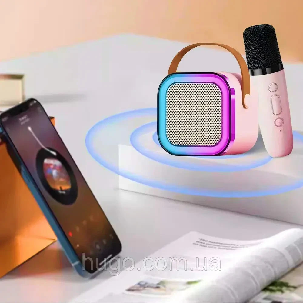 Портативна колонка-караоке з 2 мікрофонами К12, Рожевий / Бездротовий мікрофон з колонкою з підсвічуванням RGB