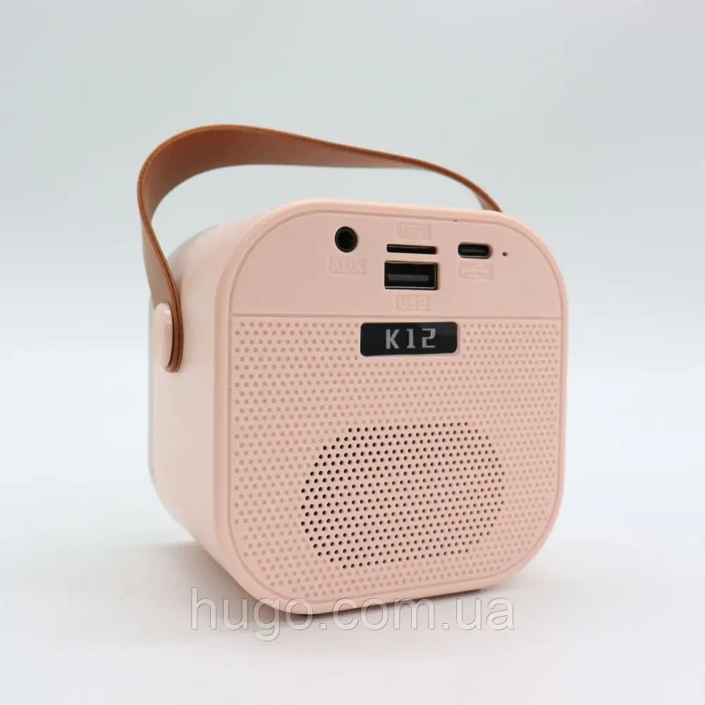 Портативна колонка-караоке з 2 мікрофонами К12, Рожевий / Бездротовий мікрофон з колонкою з підсвічуванням RGB