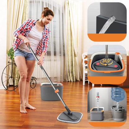 Швабра з безконтактним віджимом і відром 5,8л + 2 насадки, Сіра / Швабра ледарка для миття підлоги