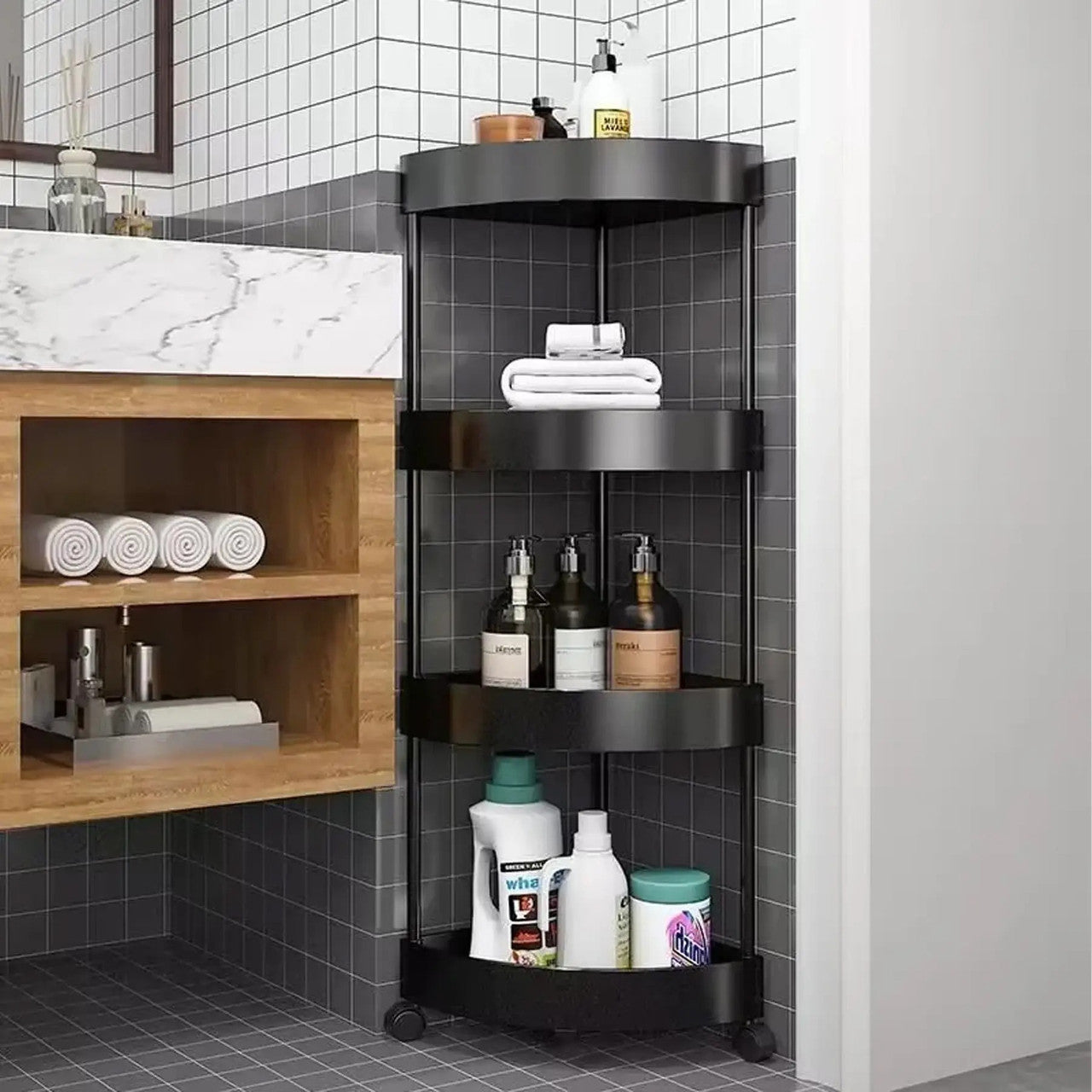 Кутовий стелаж для ванної 85х26х26см, 4 яруси, Чорний / Підлогова полиця для ванної / Кутова полиця у ванну