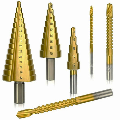 Набір фрезерних та ступінчастих свердлів 6 шт / Свердла по металу з титановим покриттям / Набір ступінчастих свердл