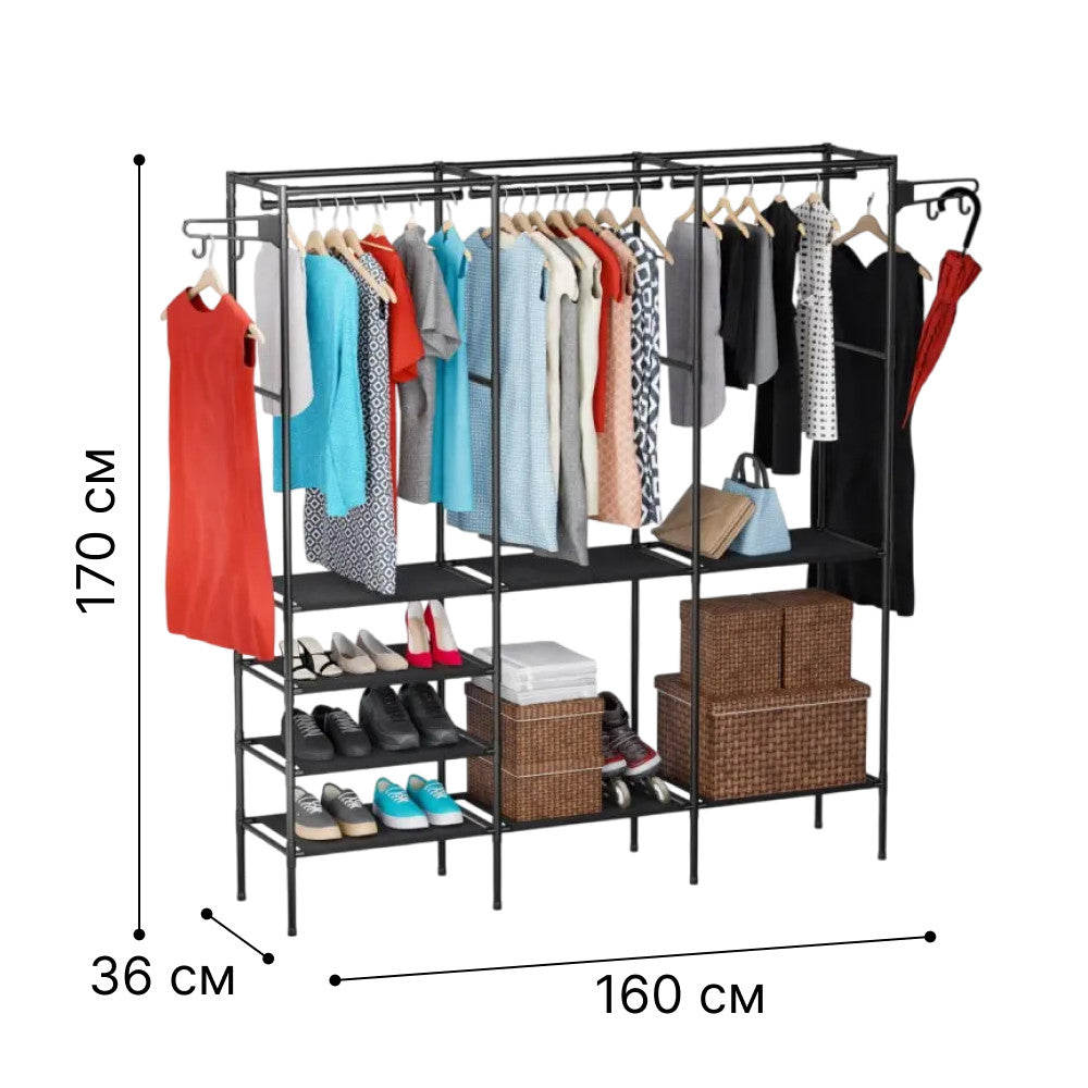 Підлогова вішалка для одягу з полицями, 170х160х36см, RD-9007, Чорний / Стійка для одягу / Шафа для одягу
