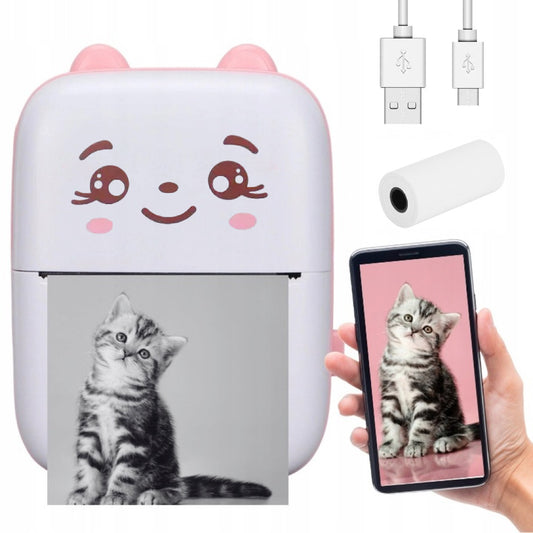 Портативний міні принтер з Bluetooth + рулон термопаперу, Рожевий / Дитячий фотопринтер / Термопринтер