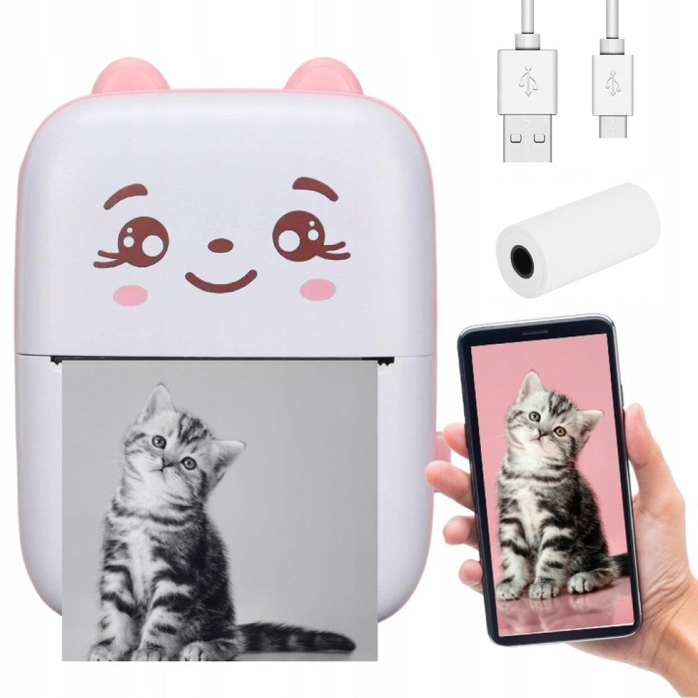 Портативний міні принтер з Bluetooth + рулон термопаперу, Рожевий / Дитячий фотопринтер / Термопринтер